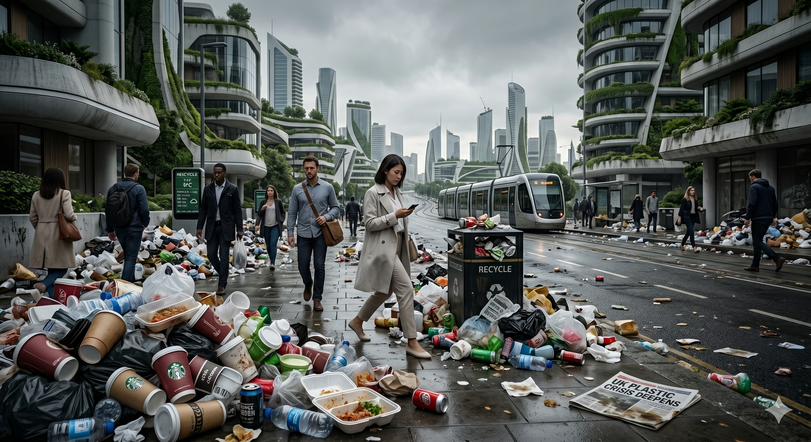 Şehirde birikmiş tek kullanımlık bardak ve plastik atıklar